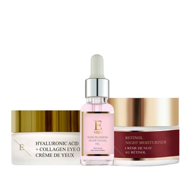 33. Retinol Nachtmilchcreme 50ml + Hyaluronsäure + Kollagen Pro Alternde Augentropfen 30ml + Rosa Blüten Glanz Gesichtsöl 30ml