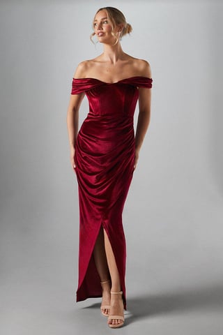 Corset Bardot Velvet Bridesmaids Maxi Dress