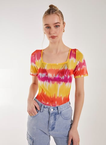 Tie Dye Mesh Square Neck Bodysuit