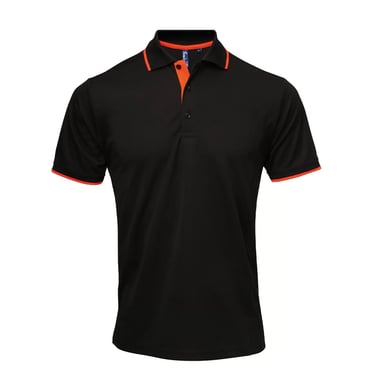 Premier Mens Coolchecker Contrast Pique Polo Shirt (Schwarz/Orange)