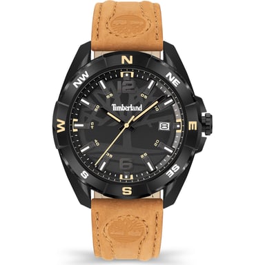 Die Timberland Quarzuhr für Herren mit schwarzem Zifferblatt und robustem braunen Lederarmband ist ein markantes Accessoire für den modernen Mann. Mit ihrem robusten Design und der Wasserdichtigkeit von 5 ATM ist diese Uhr, Modell Millinocket, perfekt für