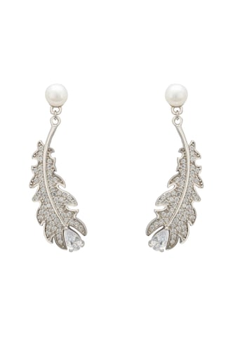 Boucles D'Oreilles Pendantes Feuille De Chêne Perle Argent
