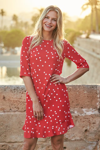 Red & White Spot Print Ruffle Hem Shift Dress