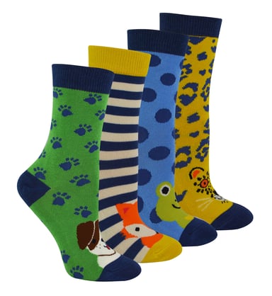 Miss Sparrow - 4 Pack Jungen Bambus-Socken | Kinder Neuheit Tiermuster Socken in einem Geschenkkarton - sortiert