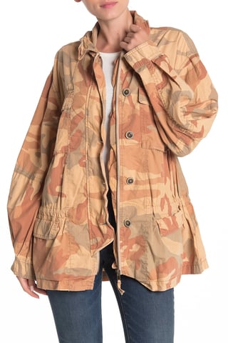 Free People Women's Jacket Brown Camoflauge Printed