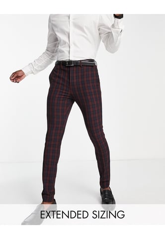 ASOS DESIGN wedding super skinny suit trousers in burgundy tartan-Red