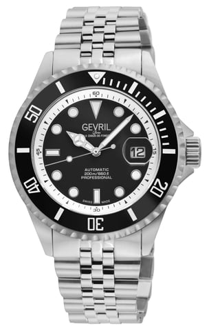 Gevril Herren Wall Street Schweizer Automatik Sellita SW200 schwarze Lünette, schwarzes Emaille-Zifferblatt, SS Satin und poliert Armbanduhr