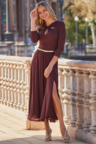 Chocolate Brown Fit & Flare Midi Dress With Gold Belt