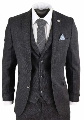 Herren 3-teiliges schwarzes Fischgrät-Tweed-Anzug