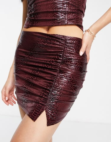 ASYOU high shine croc ruched mini skirt co-ord in chocolate-Brown
