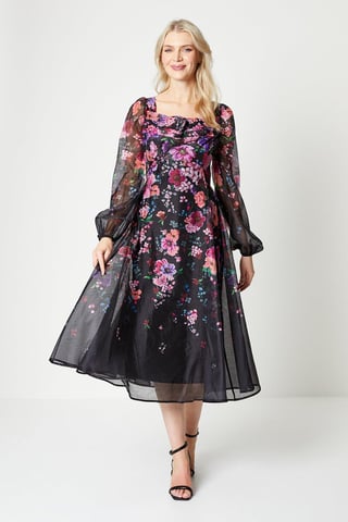 Organza Panelled Print Midi Dress
