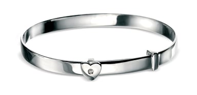 D for Diamond Children's Engravable 925 Sterling Silver, Rhodium Plated, Diamond Heart Christening Bangle, Naming Engraved for Baby Boy, Girl, Kids and Child Jewellery