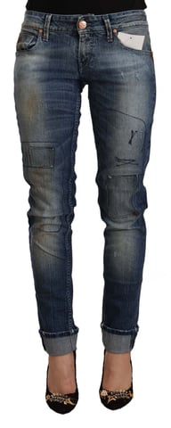 Acht Damen Blaue Gewaschene Niedrigbund Gefaltete Saum Slim Fit Jeans