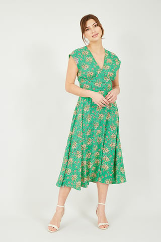 Grünes halblanges Kleid mit Blumen Yumi
