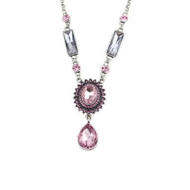Fiorelli Fashion Imitatoin Oxidised Silver Plated Pink & Lilac Crystal Vintage Style Necklace 50cm + 8cm