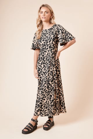 Petite Angel Sleeve Mono Leopard Midi Dress