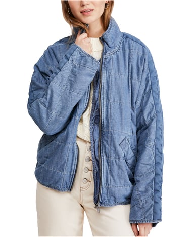 Free People Women's Jacket Blue Denim Dolman Quilted
