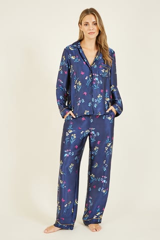 Pyjama bleu marine en satin à imprimé oiseaux Yumi
