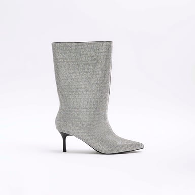 River Island Womens Calf Boots Silver Diamante Heeled