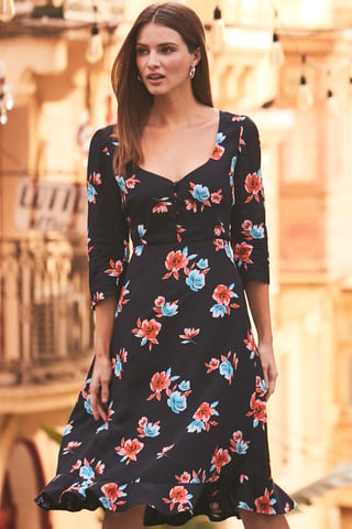 Black Floral Print Sweetheart Neck Dress