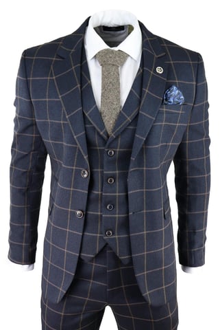 Herren Marineblau Karierter 3-Teilig Tweed Anzug Peaky Blinders 1920er Gatsby Schmaler Schnitt