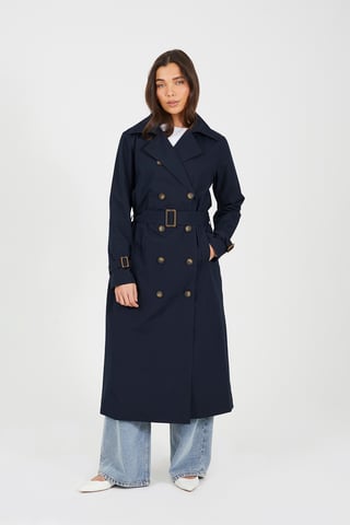 Navy Double-Breasted Longline Trench Coat With Detachable Hood