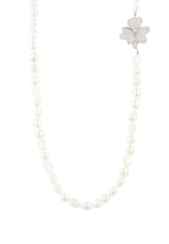 Fleur Perle Gemstone Long Collier Blanc CZ Argent