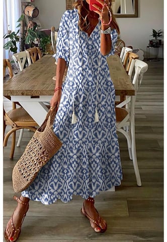 Damen Maxikleid mit geometrischem Print in Himmelblau