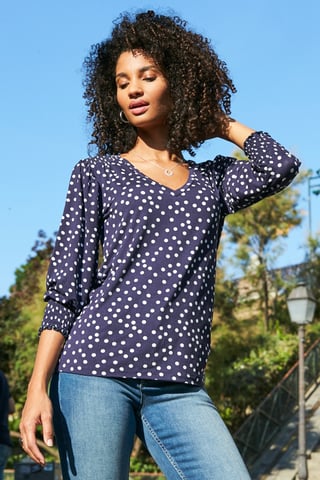 Navy Blue & White Spot Print Shirred Cuff V Neck Top