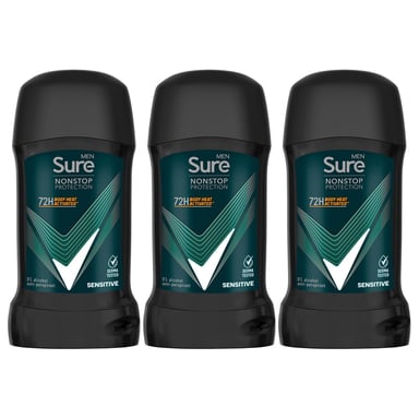 Sure Men AntiPerspirant Deodorant Stick Sensitive 72H Nonstop Protection, 3x50ml