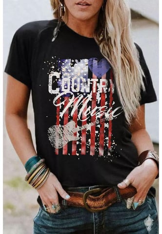 Damen-T-Shirt mit amerikanischem Flaggen-Print, kurzärmlig, in Schwarz