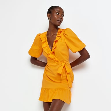 River Island Womens Wrap Mini Dress Orange Frill Short Sleeve
