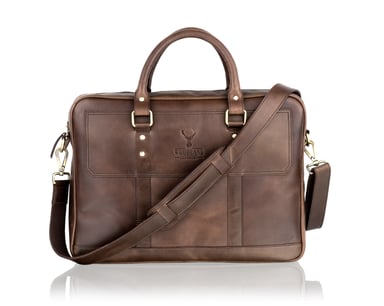 Woodland Leather Brown Landscape Tote Style Satchel Briefcase Central Zip 16.0" Top Zip Pocket