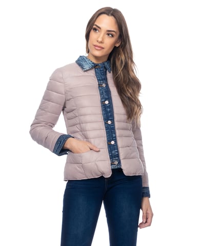 Short Anorak With Denim Neck Cuffs And Finishings