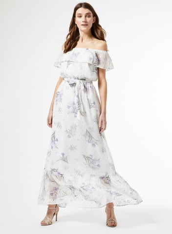 Dorothy Perkins Womens White Chiffon Print Bardot Maxi Dress Short Sleeve