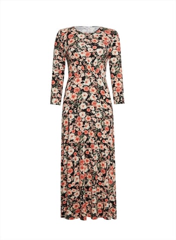 Dorothy Perkins Womens Tall Black Floral Dress 3/4 Sleeve Round Neck Relaxed