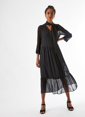Dorothy Perkins Womens Petite Black Dobby Shirt Dress Tie Neck