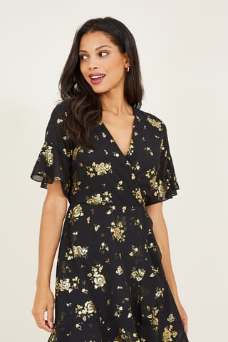 Robe patineuse portefeuille avec roses métallisées imprimées Yumi