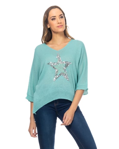 Knit Sweater With Rhinestone Star And French Sleeves