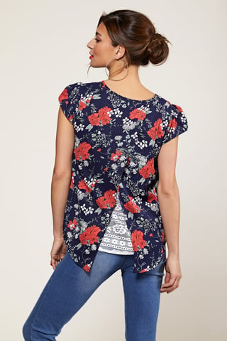 Navy Poppy Print Lace Back Top