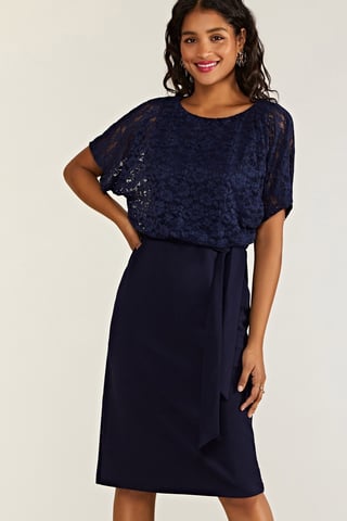 Navy Lace And Ponte Dress With Kimono Sleeves
