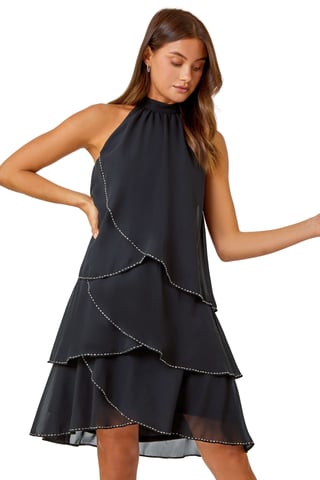 Sequin Trim Tiered Halterneck Dress