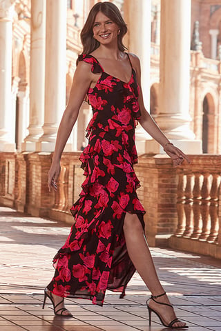 Black & Pink Floral Print Ruffle Detail Maxi Dress