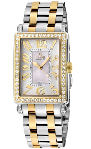 Gevril Ave of Americas Mini Frauen Schweizer Quarz zwei getönten IPYG Edelstahl Diamant Gehäuse, weiß MOP Zifferblatt Uhr