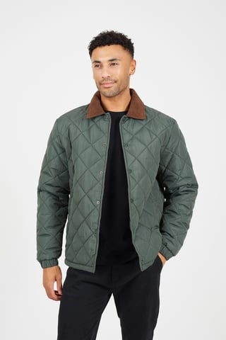 Khaki Quilted Coach Jacket With Cord Collar