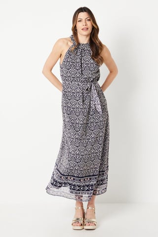 Navy Tile Border Print Belted Midi Dress