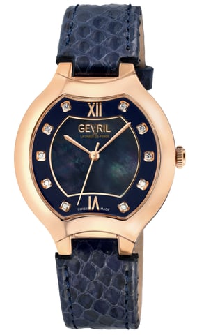 Gevril Frauen Lugano Schweizer Diamant blau MOP Zifferblatt echte italienische handgefertigte Lederuhr