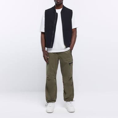 River Island Mens Cargo Trousers Khaki Regular Fit Zip Pocket Pants