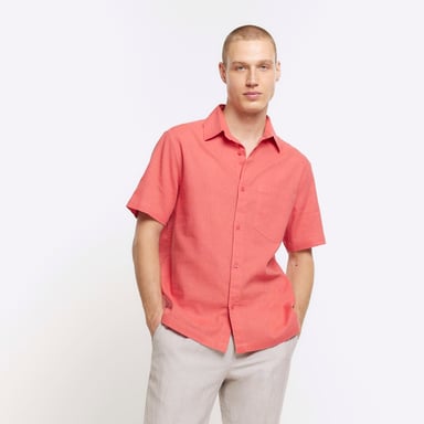 River Island Mens Shirt Coral Regular Fit Linen Blend