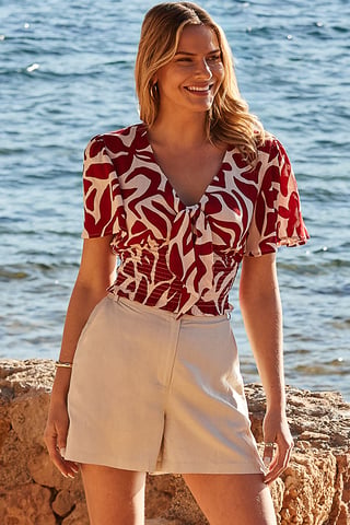 Red Floral Print Tie Front Crinkle Top